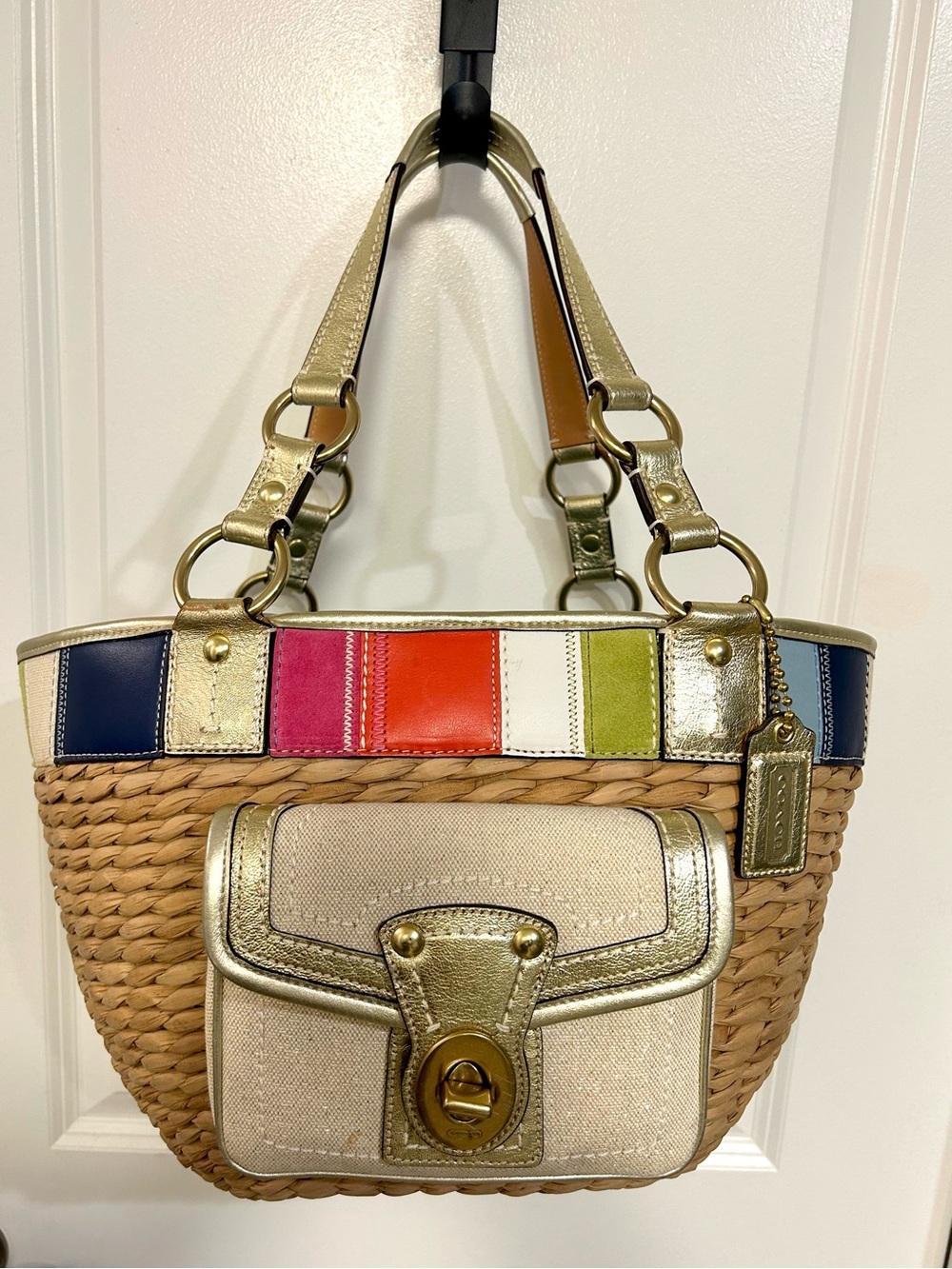 Coach Multicolor Straw Tote with Gold Trim